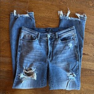Judy Blue Straight Leg Blue Jeans with Distressed Details